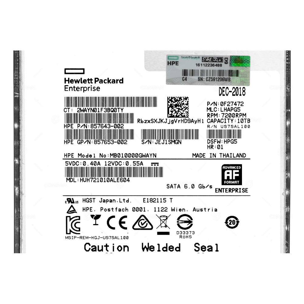857967-001 HP HDD 10TB 7.2K SATA 6G 3.5" LFF FOR HPE PROLIANT G10
